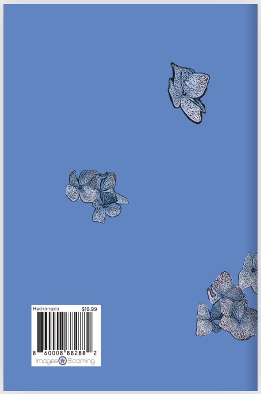 Image of Journal with Blue Hydrangea in the Floating Hydrangea Petals on the Back Cover